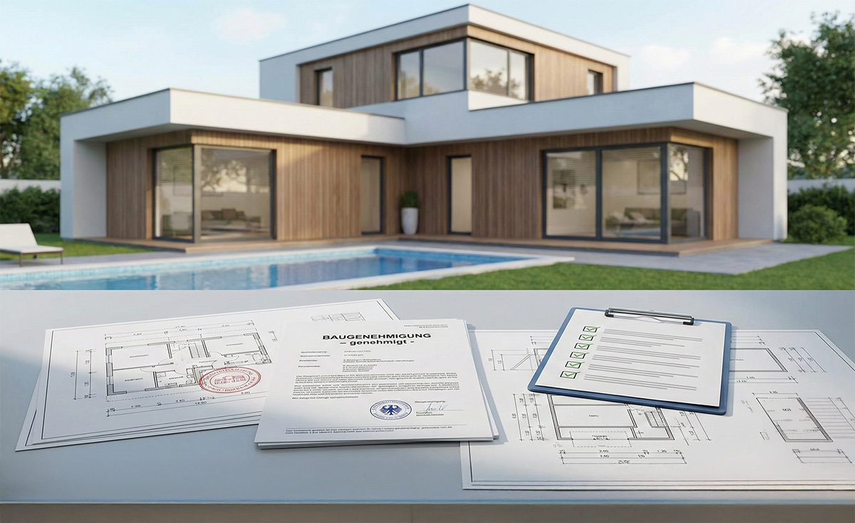 Visualisierung eines Hauses mit Pool und davor liegenden Bauunterlagen