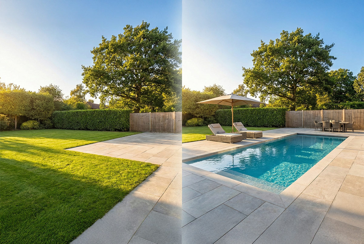 Gartenpool mit umliegender Terrasse und Bepflanzung